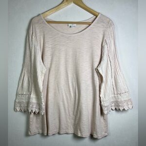J.Jill Women’s Lace Sleeve Top Soft Knit Cotton Modal Blush Boho Relaxed Fit Lrg